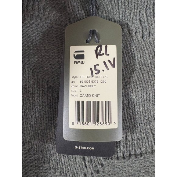 G Star Raw Felton Knit Sweater Jumper sz L color raw grey NWT $200 - Picture 9 of 10